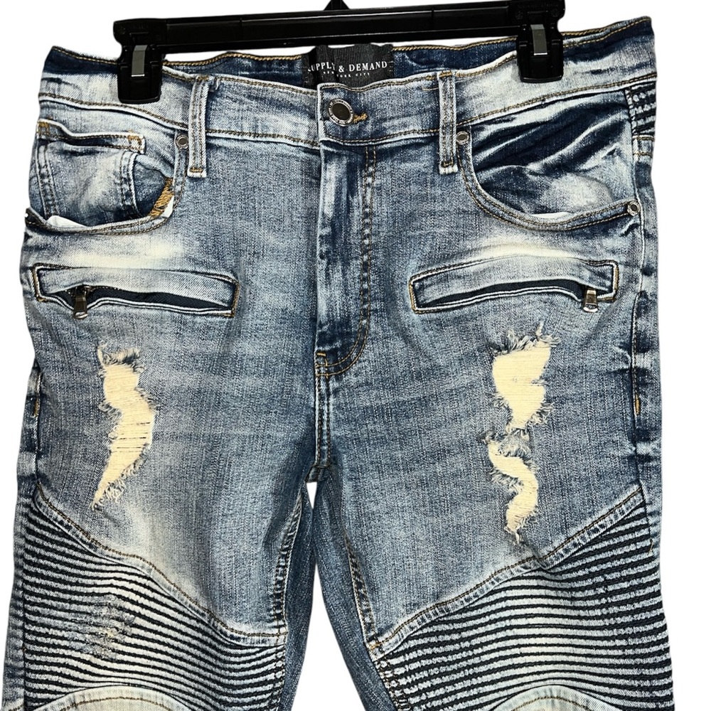 Supply & Demand New York City Men's Distressed Moto Blue Jeans Size 34x32 Denim